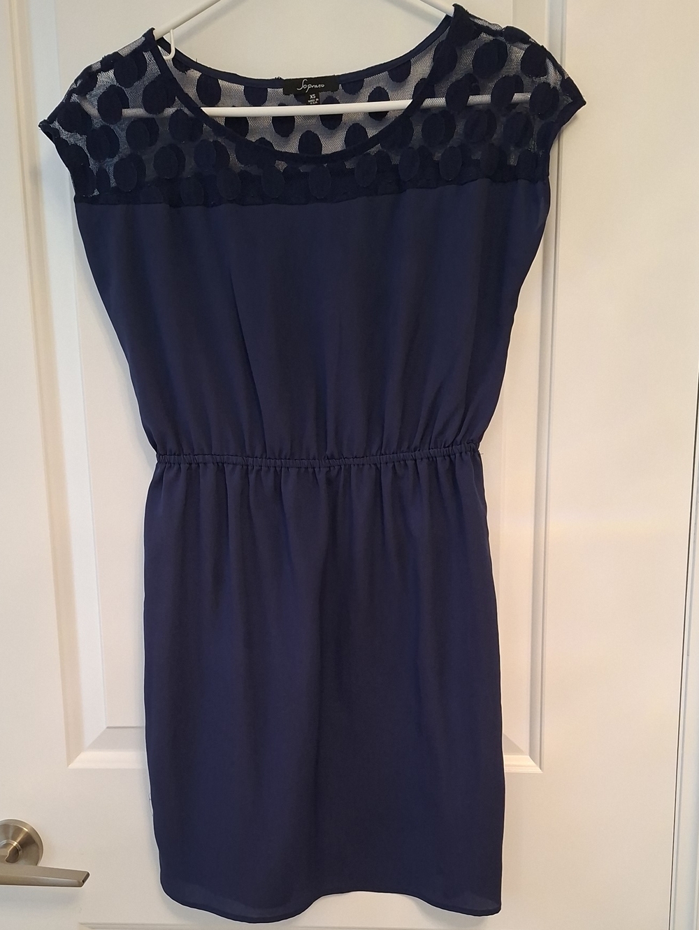 Soprano Navy Dot Mesh Tulle Cap-Sleeve Mini Dress